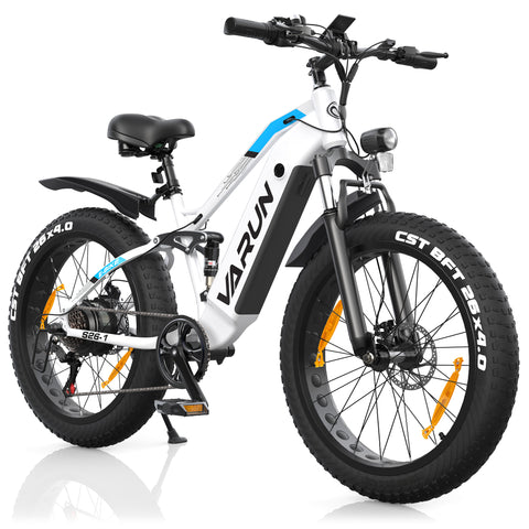 Fat Tire E-Mountainbike Pedelec Vélo électrique tout terrain à suspension complète 90 Nm Batterie amovible longue portée - Varun Ballistic-White 26'' E-Bike