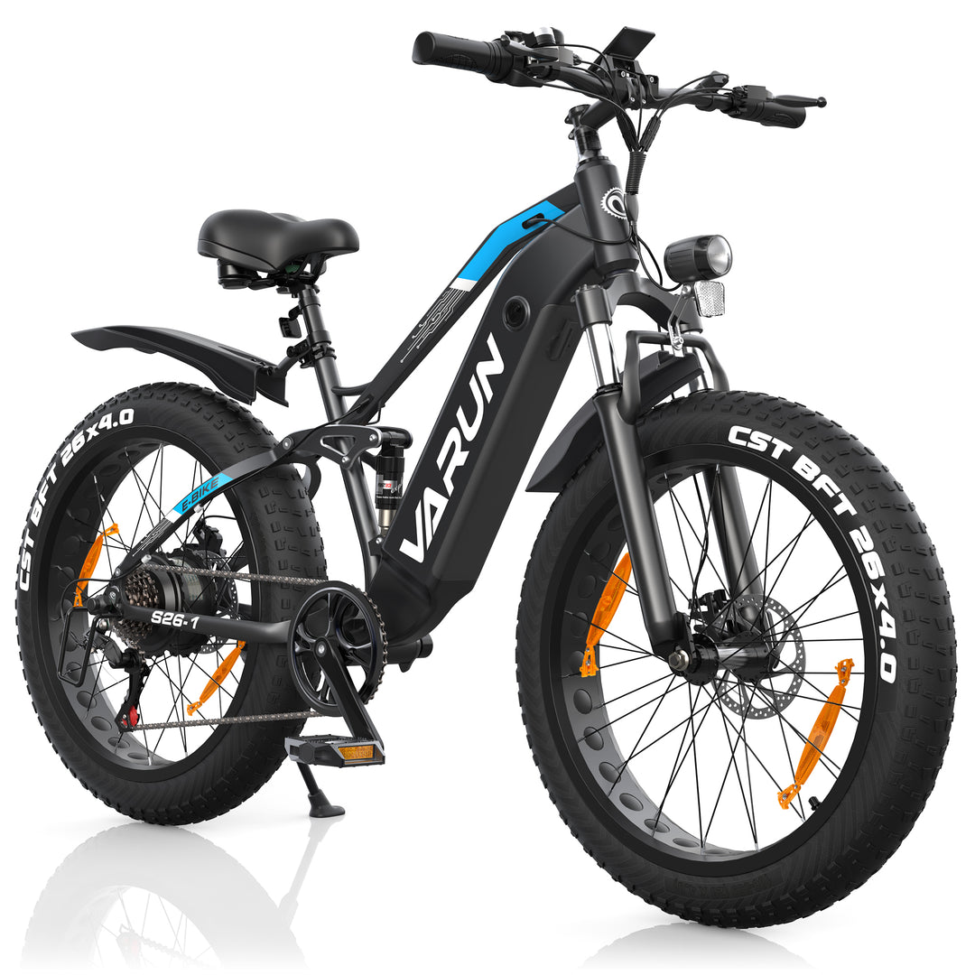 Fat Tire E-Mountainbike Pedelec Vollgefedertes All-Terrain-Elektrofahrrad 90 Nm abnehmbarer Akku große Reichweite – Varun Ballistic 26'' E-Bike