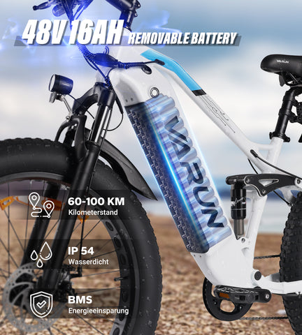 Fat Tire E-Mountainbike Pedelec Bicicleta eléctrica todo terreno con suspensión total 90 Nm Batería extraíble de largo alcance - Varun Ballistic-White 26'' E-Bike