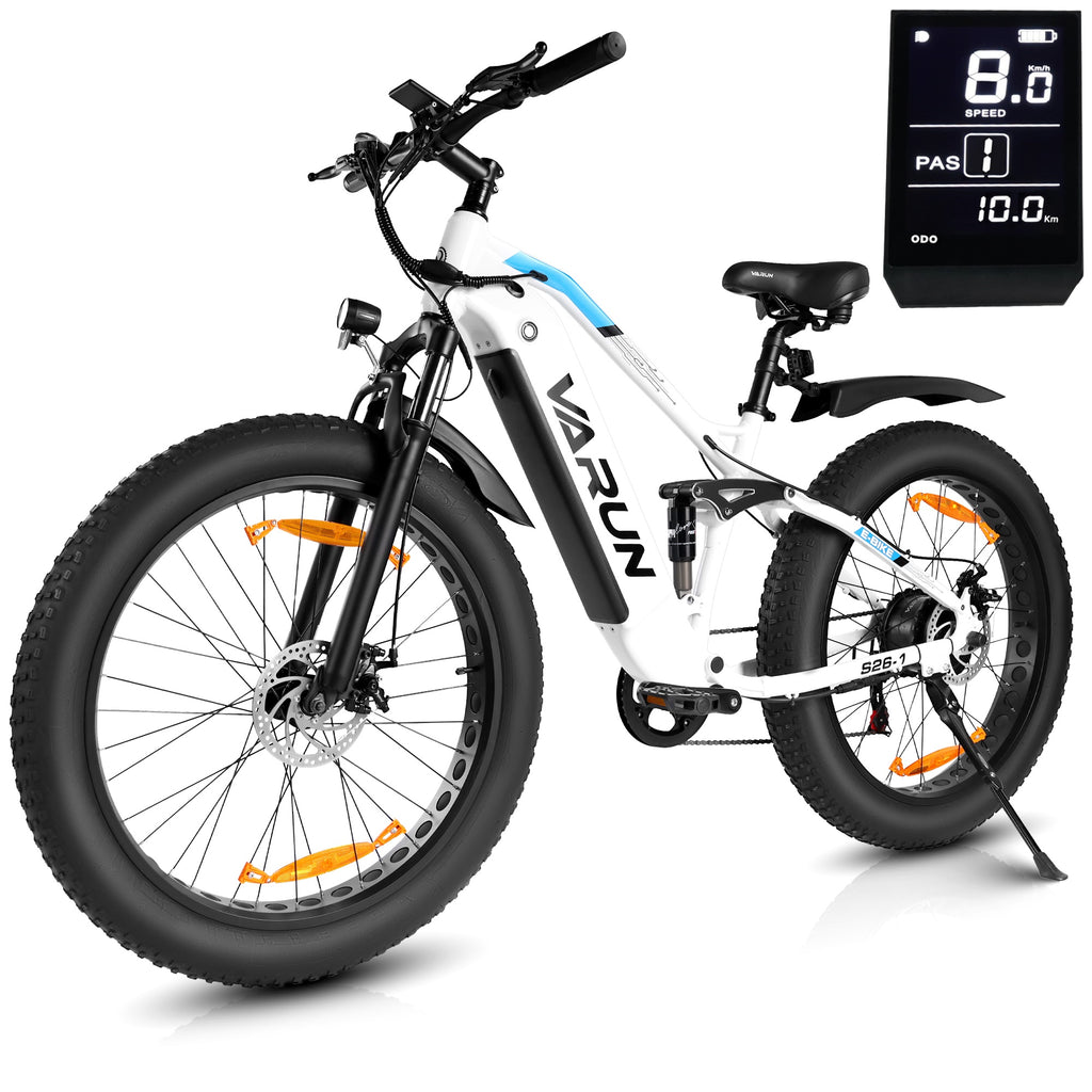 Fat Tire E-Mountainbike Pedelec Vélo électrique tout terrain à suspension complète 90 Nm Batterie amovible longue portée - Varun Ballistic-White 26'' E-Bike
